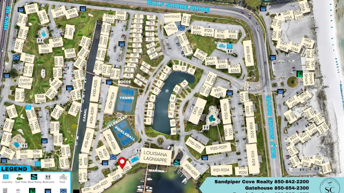 A vibrant marina scene featuring boat docks, lively community pool areas, tennis, pickleball, and shuffleboard courts, and close proximity to the private beach. The image captures both the excitement of boating and the variety of on-site recreational amenities, all set against a backdrop of a bustling coastal vacation atmosphere.